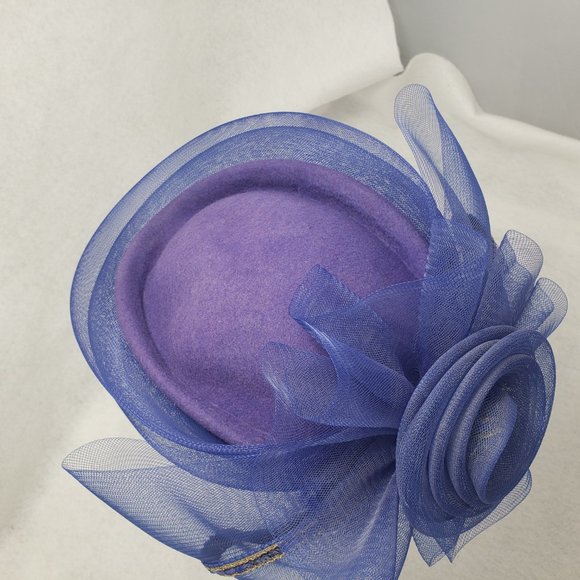 Vintage 80s Church Hat Oversize Bow Wool Felt Formal Tulle Blue Gold Sequins USA - Picture 9 of 14
